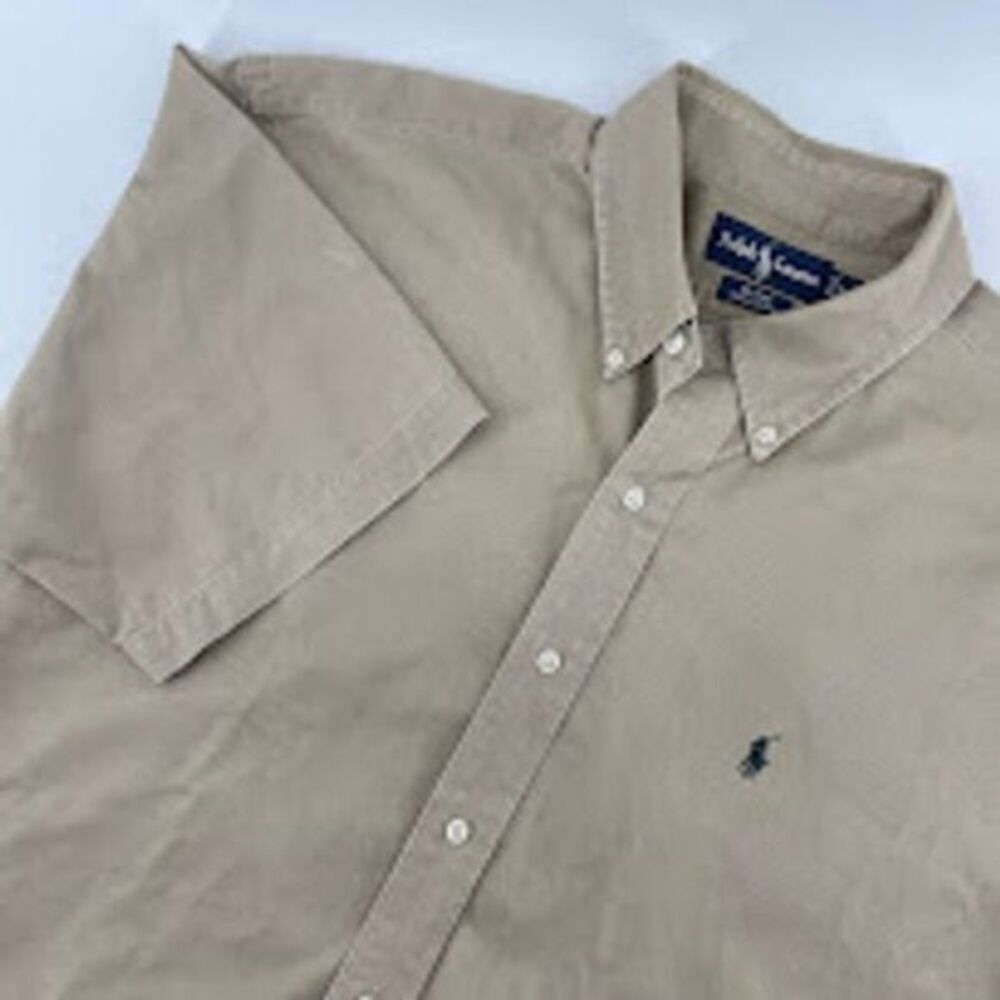 Ralph Lauren Short Sleeve Button-Down Shirt in Light Tan with Navy Pony